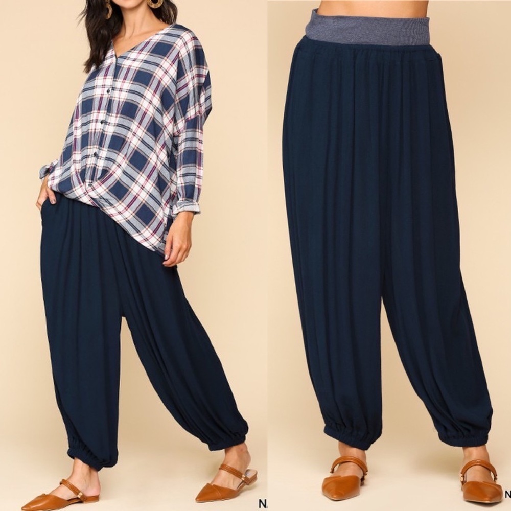 Gigio Ribbed Wide Flowy Harem Pants Navy Indigo Full Length Rayon Elastic Waist